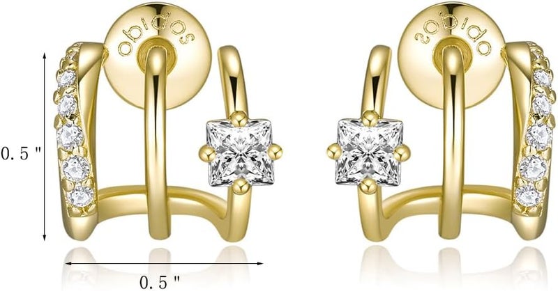 Obidos 14K Gold Plated Triple Huggie Illusion Stud Earrings | Double Huggie Hoop Earrings for One Hole | Gold Hoop Earrings for Women | Drop earrings - Image 5